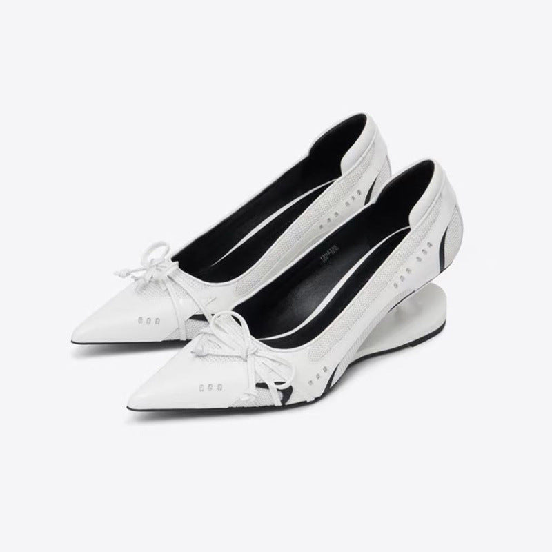 Women's Black Pointed Toe Shaped Floating Heel Mary Jane Shoes
