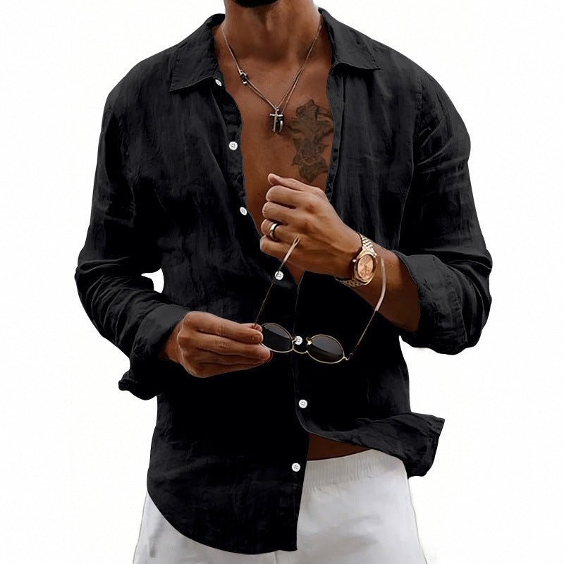 Loose-fit Cardigan With A Lapel Collar Versatile Linen Long-sleeve Shirt