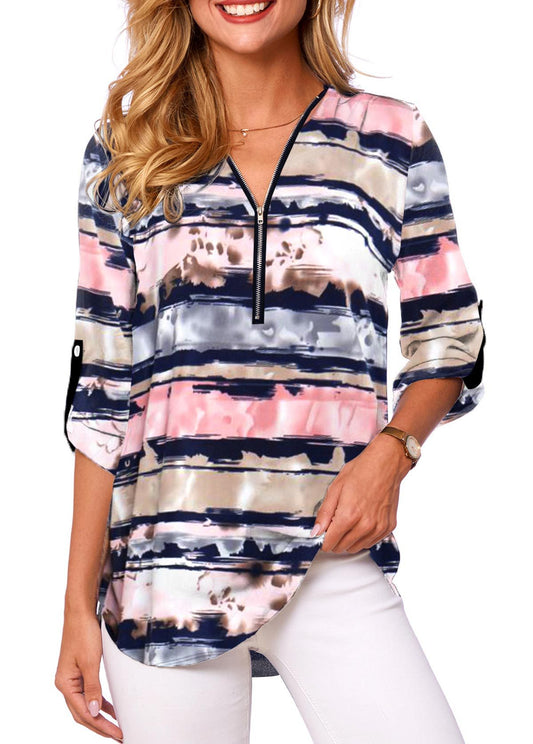 V-neck Zipper Long Sleeve Rollable Sleeves Loose Shirt