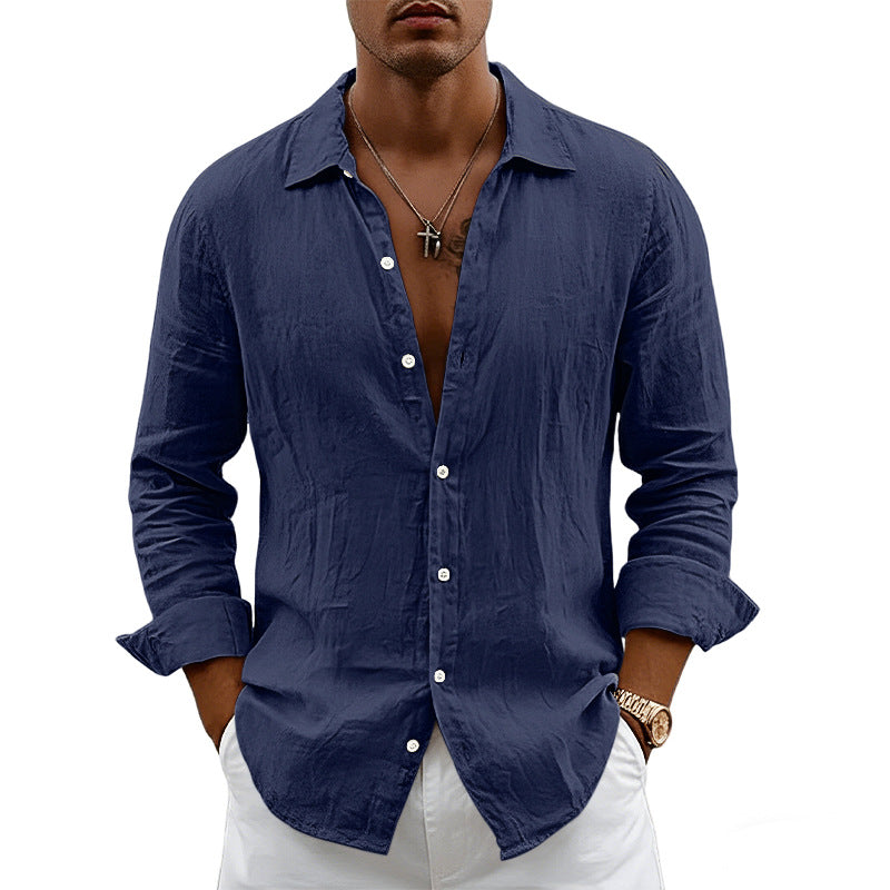 Loose-fit Cardigan With A Lapel Collar Versatile Linen Long-sleeve Shirt