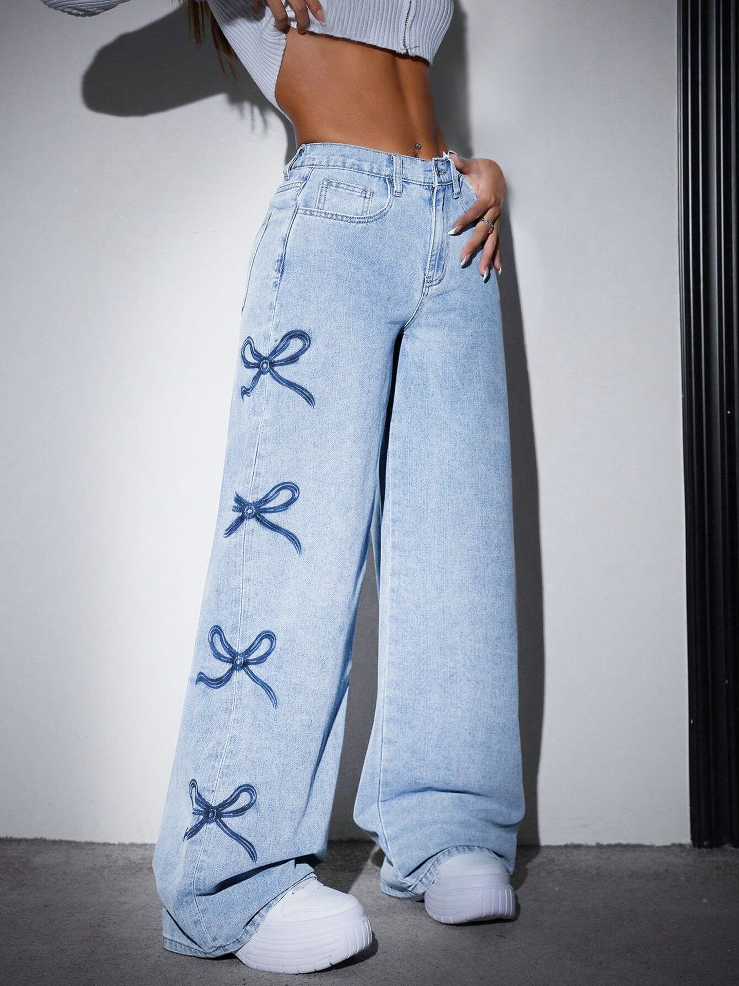 Printede lige-benede vide jeans