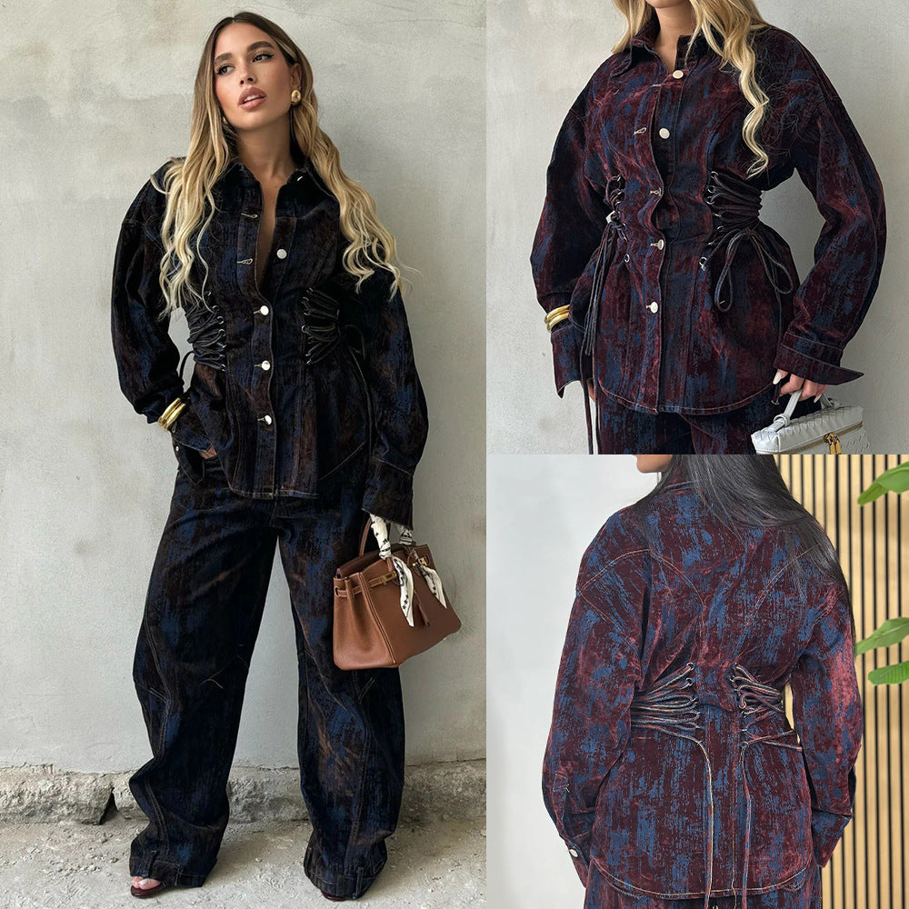 Printed Flocking Contrasting Color Tie-dye Denim Jacket And Pants Set