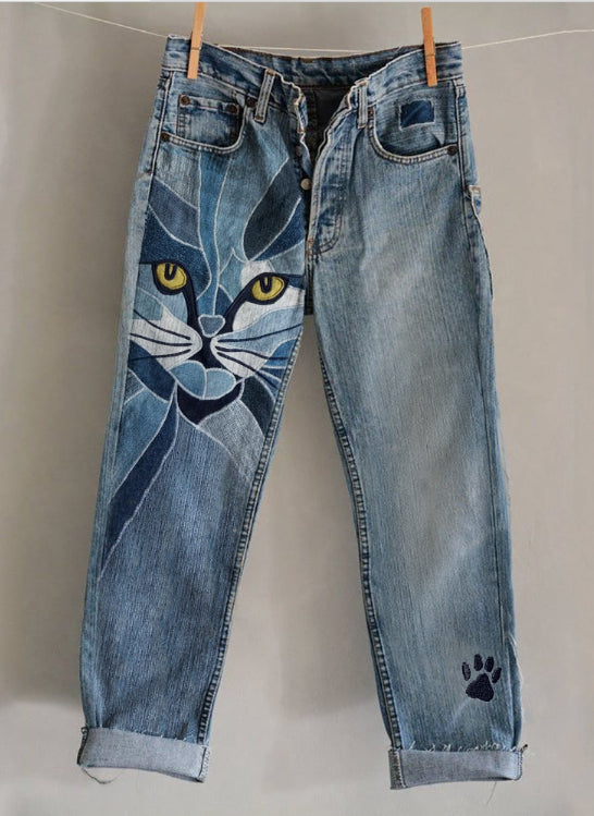 New 3D Heat-transfer Printed Flared Jeans-style Trousers In Faux Denim