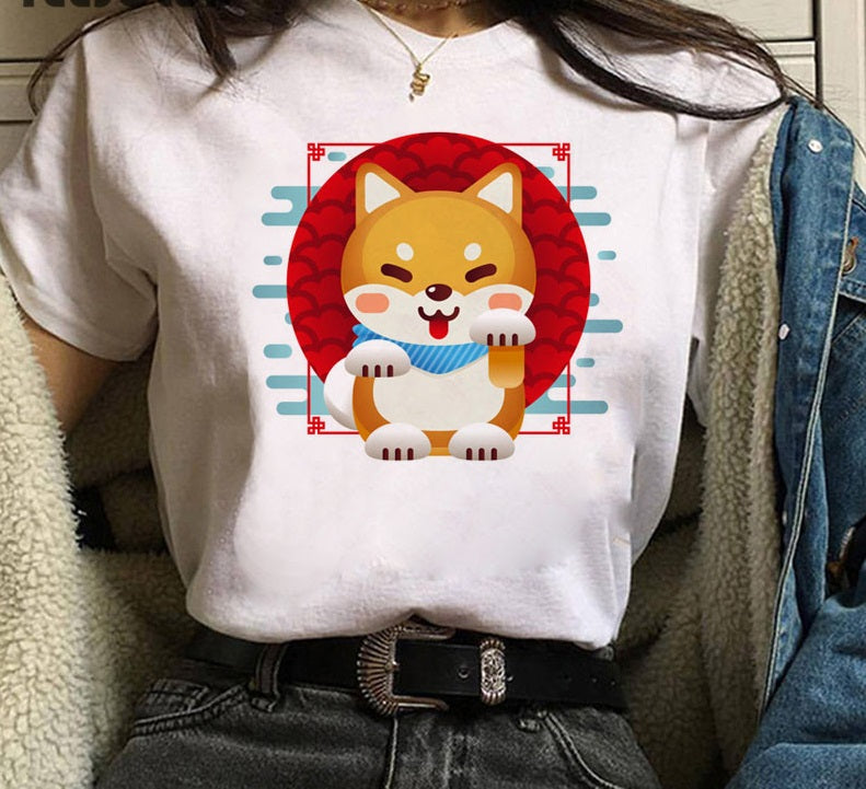 Cute Shiba Inu Print Men And Women Couple T-shirt Bottoming