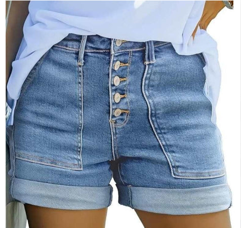 Korte denimshorts til kvinder med knaplukning, høj talje og opsmøg