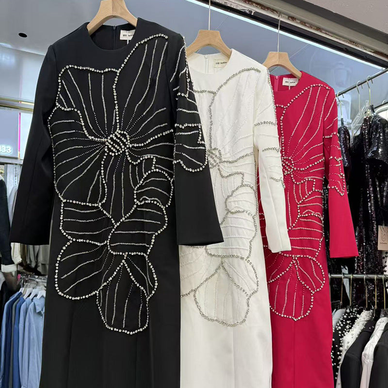 Womens Long Dress With Long Sleeves Crew Neck And Rhinestone-Embellished Floral Design