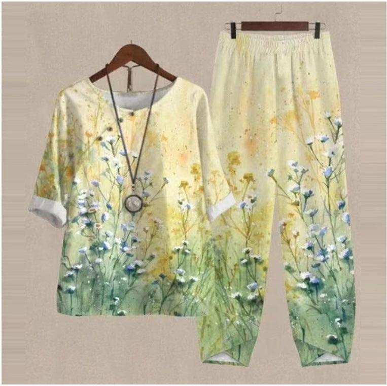 New Women's Five-quarter Sleeve Printed Top Two-piece Pants