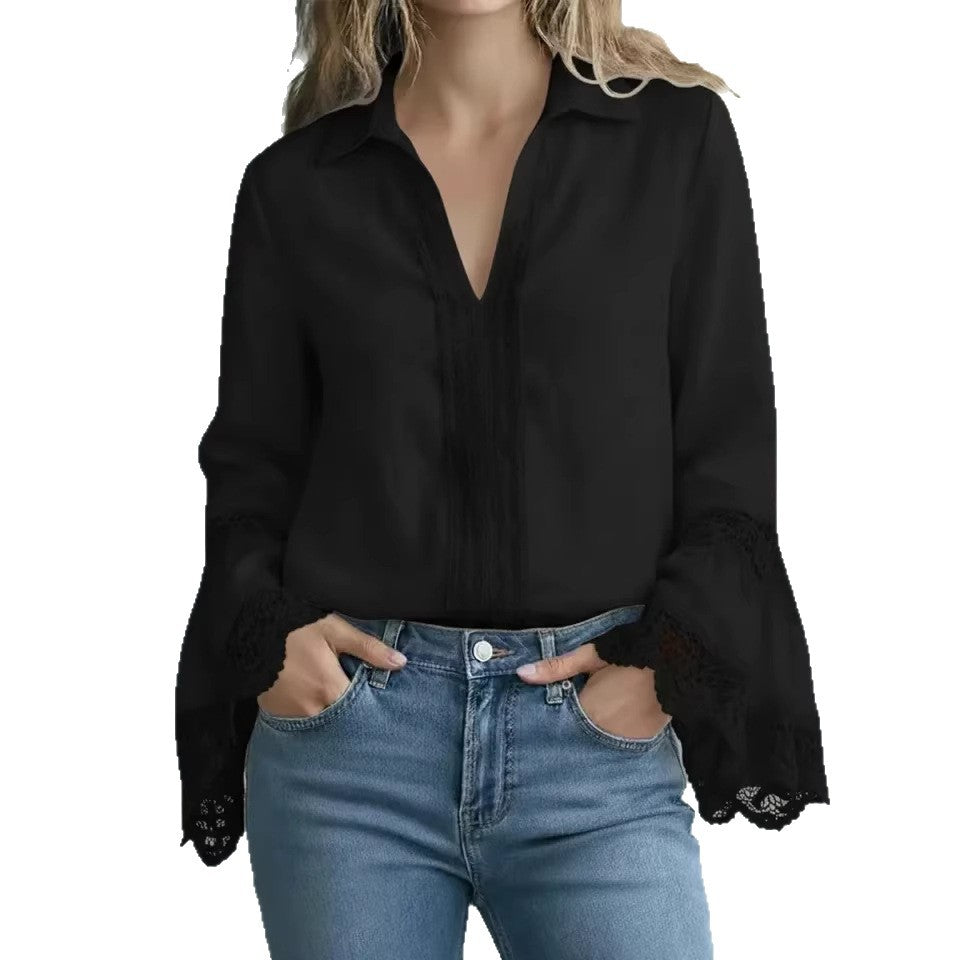 Elegant Bomuldsbluse Med Blondekant Og Pullover-Design