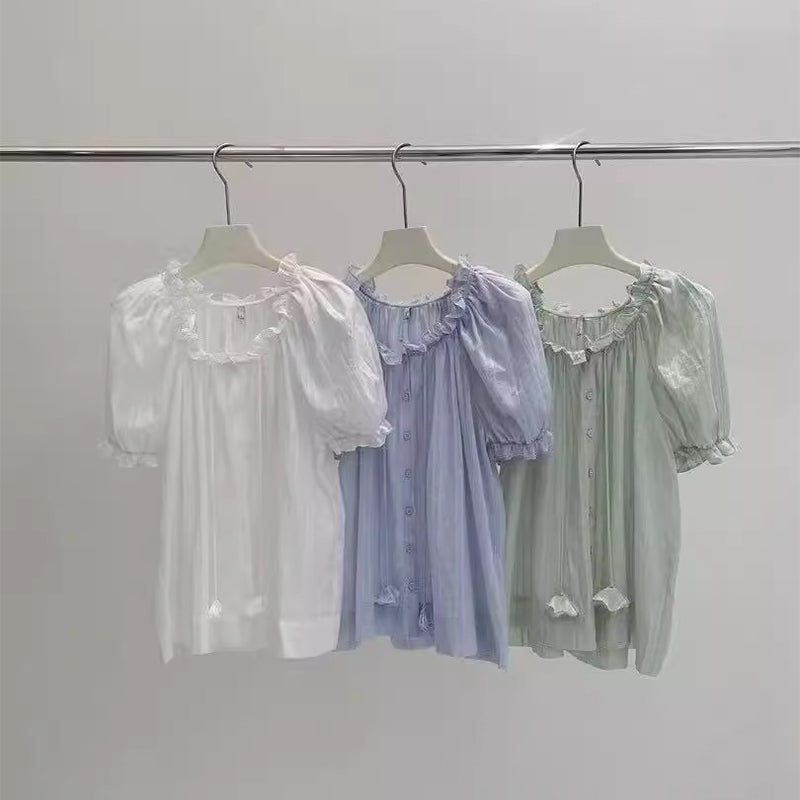 Women's Drawstring Wooden Ear Design Loose Puff Sleeves Shirt