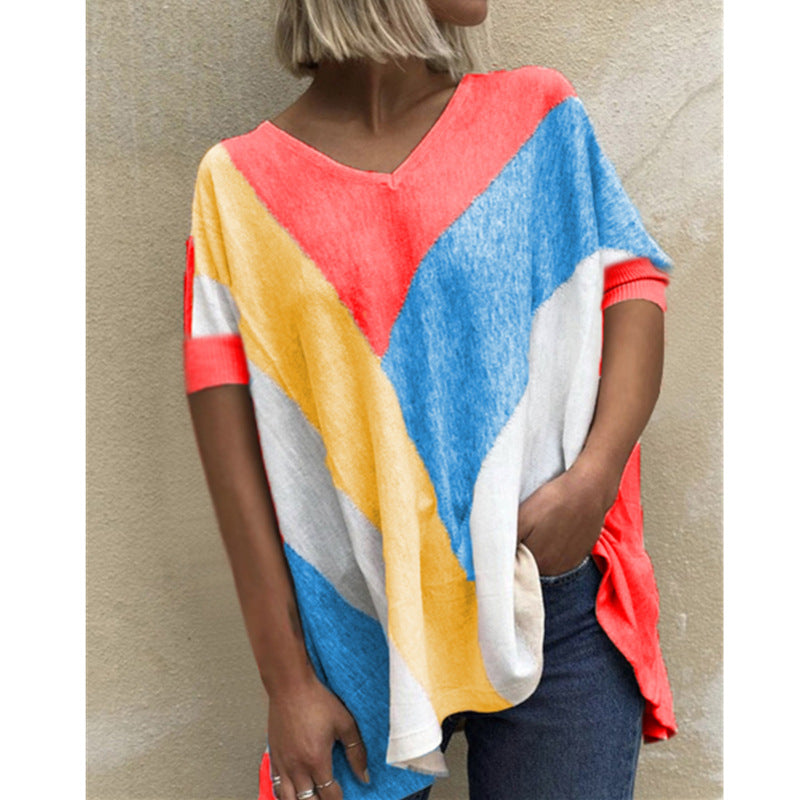 Women's V Neck Colorblock Print T Shirt Loose Casual Top