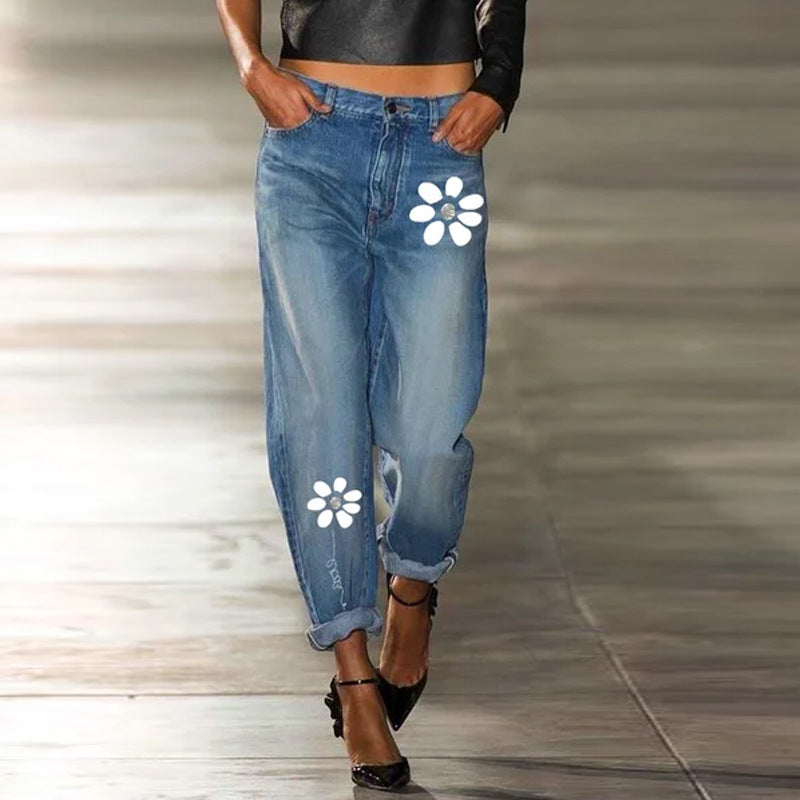 Top Straight Print Cut All-match Jeans