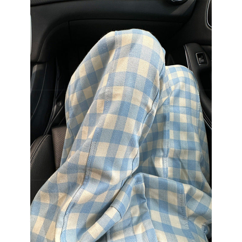 Blue And White Plaid Summer Trousers Loose Cotton Wide Leg Pants For Women