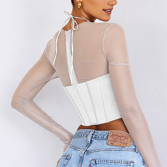 Fashion Fish Bone Hollowed Out Perspective Mesh Gauze Color Ding Top Female