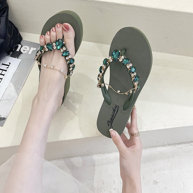 Women's Fashion Casual Rhinestone Chain Thick Bottom Flip-flops
