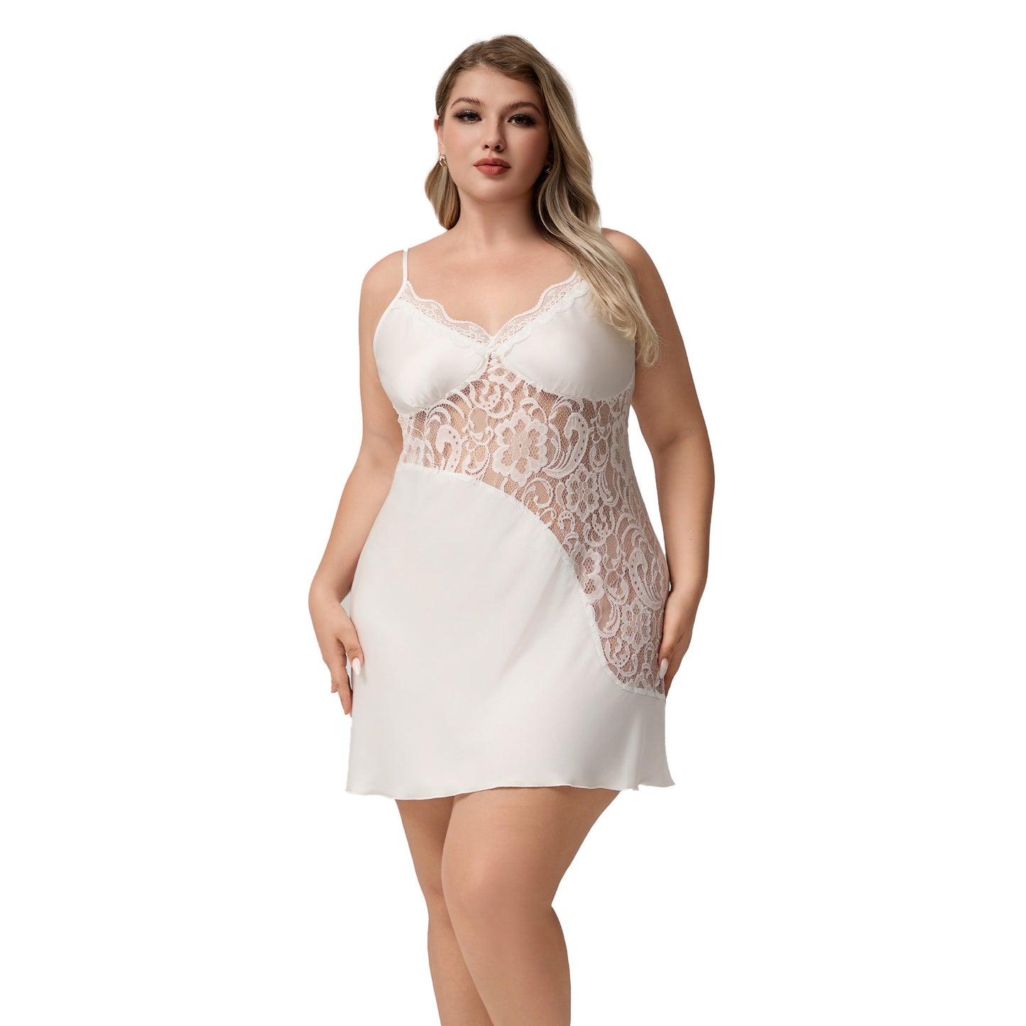 Womens Casual Loose Plus-Size Satin Lace V-Neck Dress