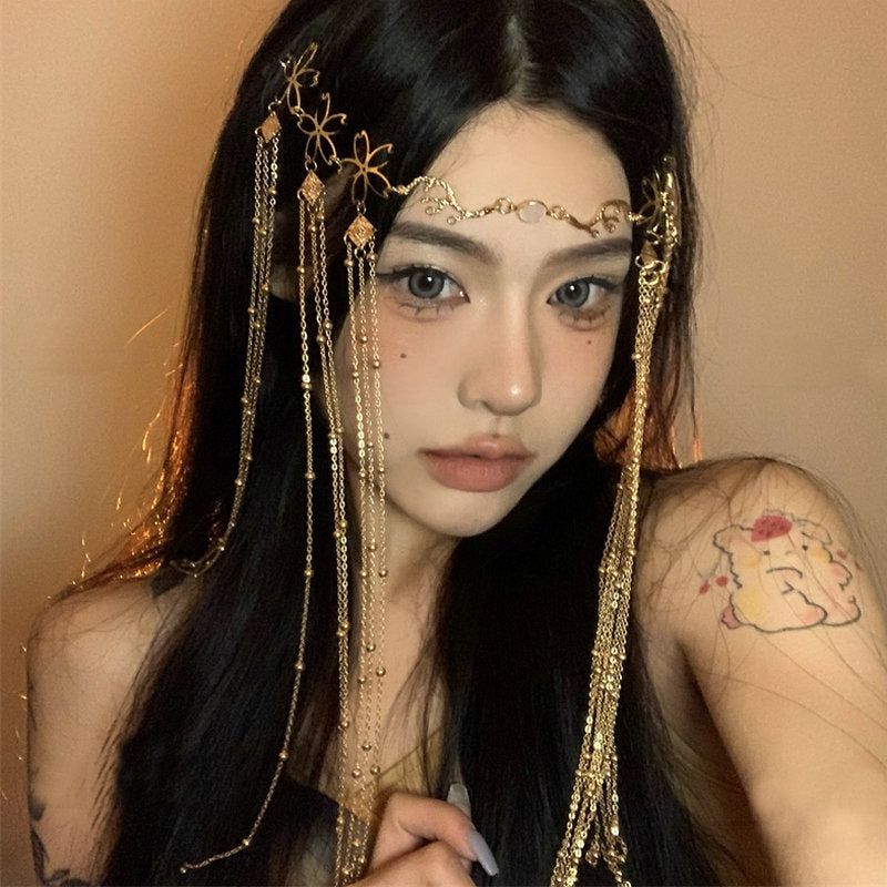 Long Tassel Waterdrop Rhombus Headband Retro Handmade Fringe Face Curtain