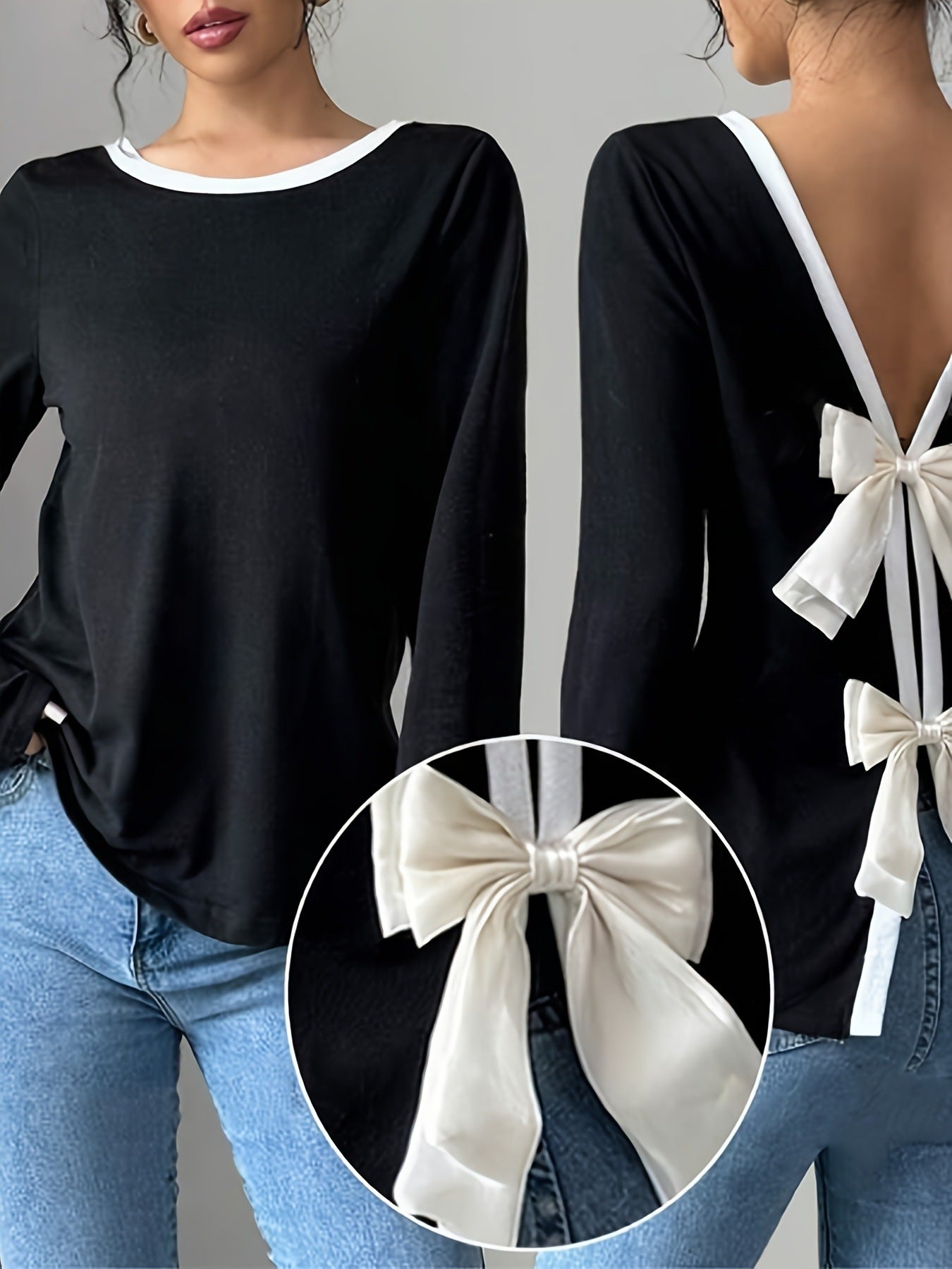 Trendy T-shirt med rund hals, to dele, Illusionknit, lange ærmer, baselayer-top, crew neck design til kvinder