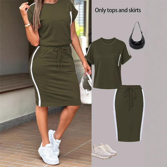 Womens Stylish Minimalist Off-shoulder T-shirt Paired With A Casual Form-fitting Skirt Set