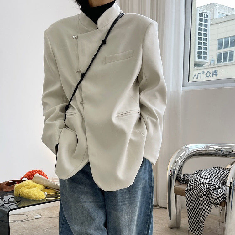 Retro Chinese Buckle Suit Oblique Placket Stand Collar Jacket