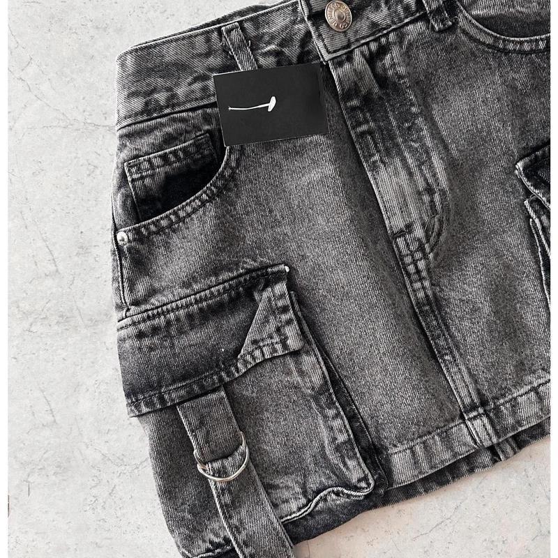 Multiple Pockets Denim Plaid Skirt Vintage Goth Black Y2k