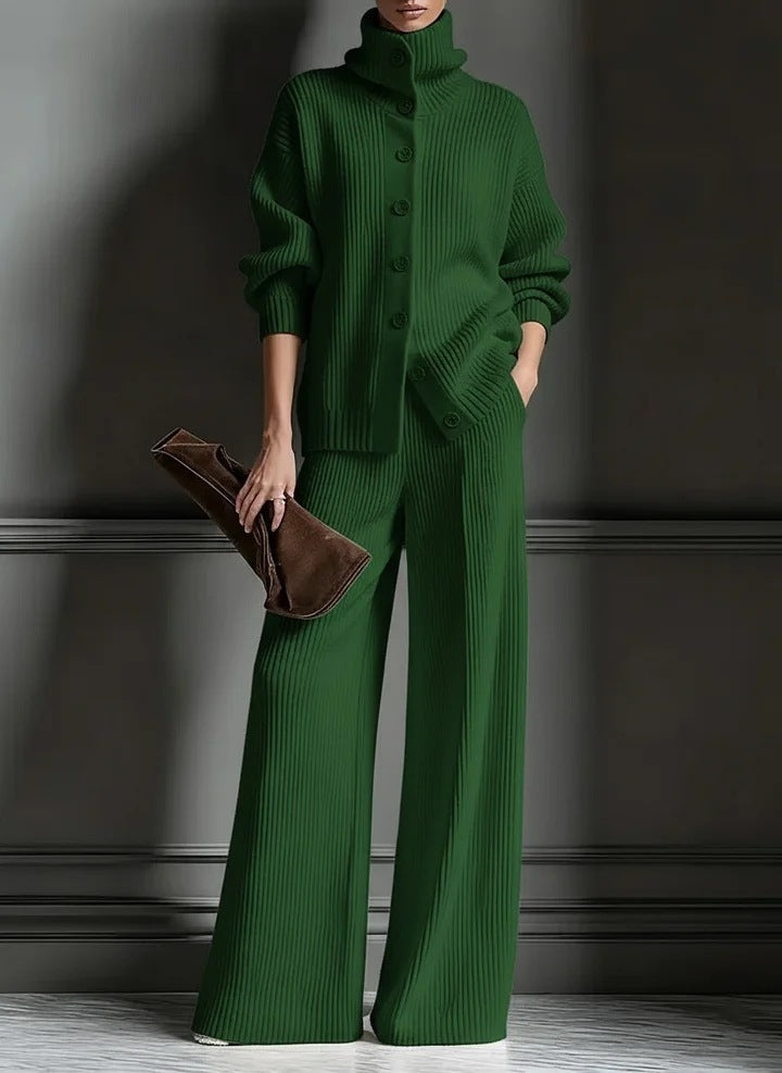 Stylish Womens Casual Knit Turtleneck Wide-Leg Set