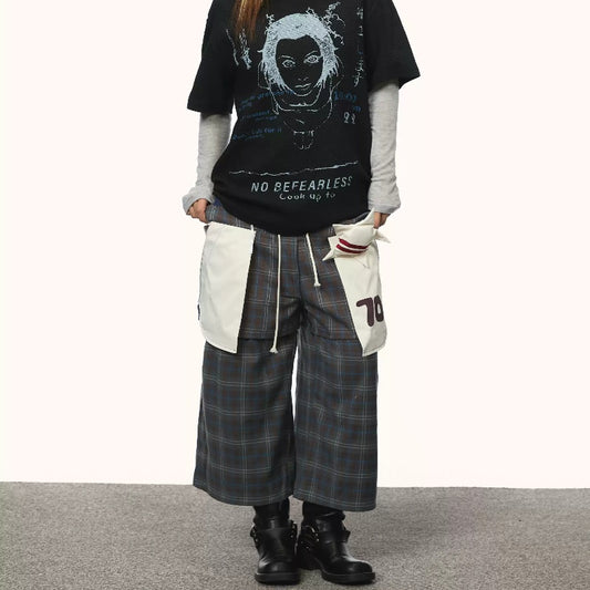 Retro Plaid Fake Two-piece Patch Pants For Women Summer