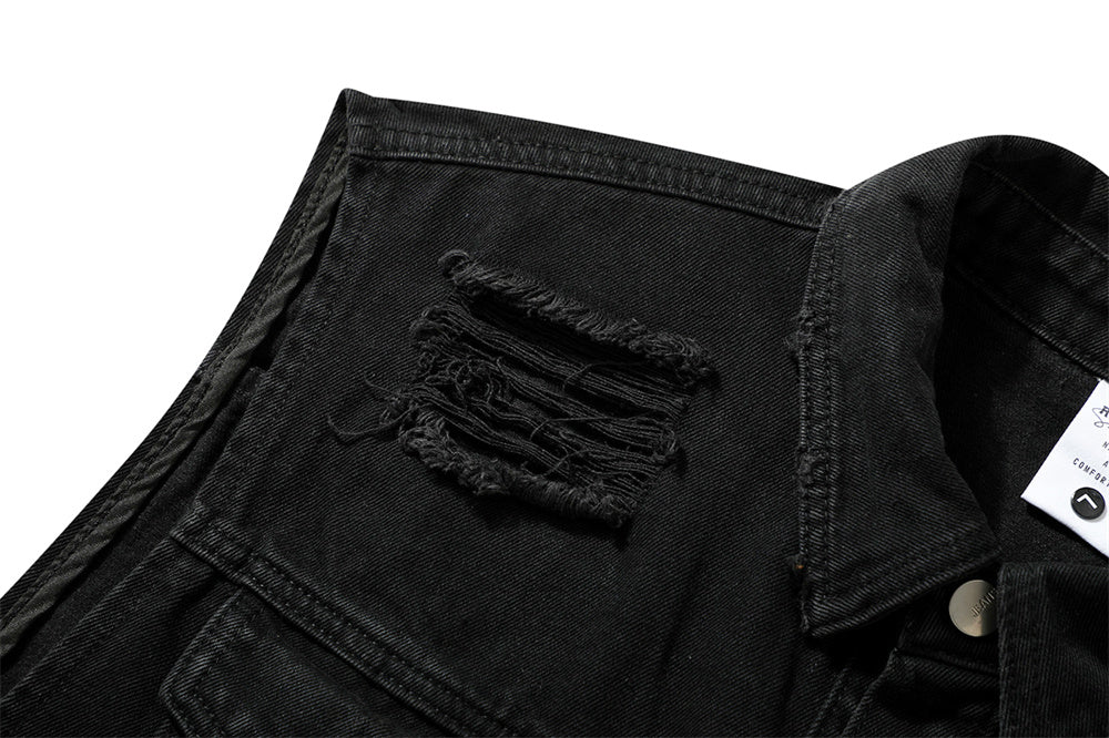 Ripped Frayed Cat Beard Short Vest Denim Men's Trendy Sleeveless Jacket