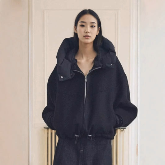Patchwork Hooded Short Woolen Fashion Black Coat