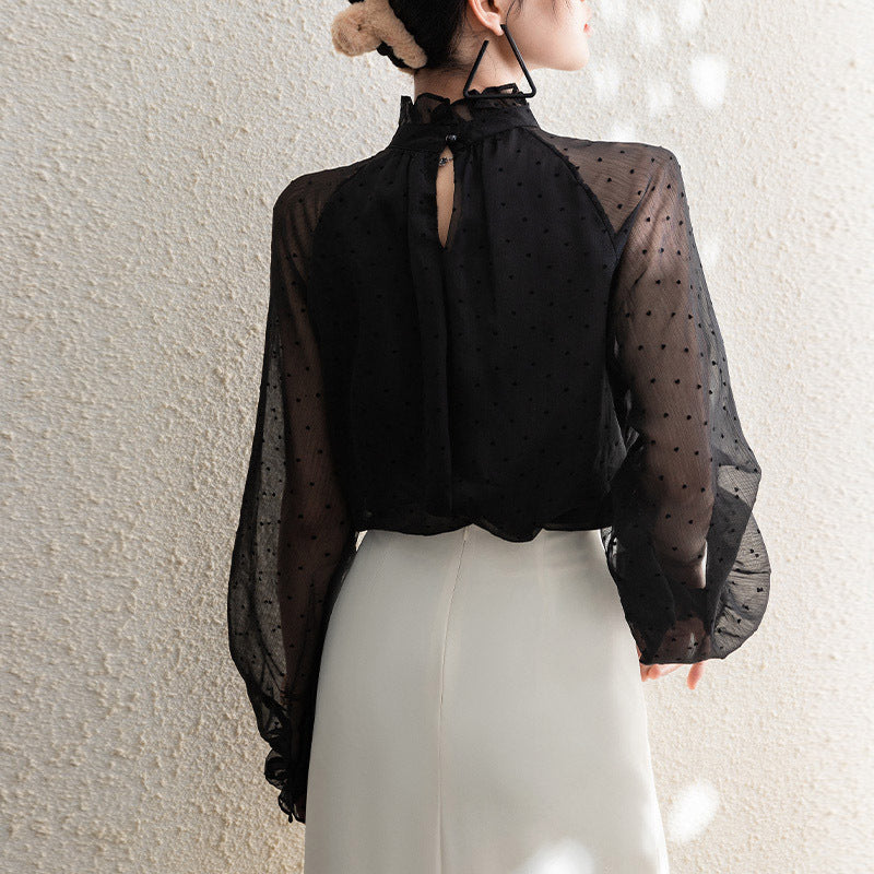 Womens Long-Sleeve Chiffon Blouse With Polka Dots