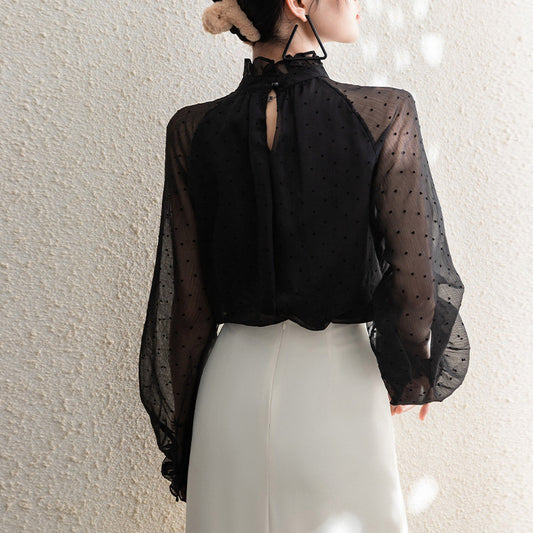 Womens Long-Sleeve Chiffon Blouse With Polka Dots