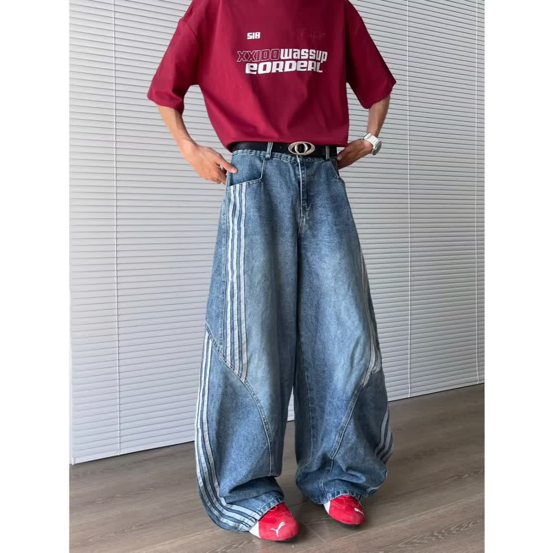 Spring American-style Vintage Washed Deconstructed Bootcut Jeans