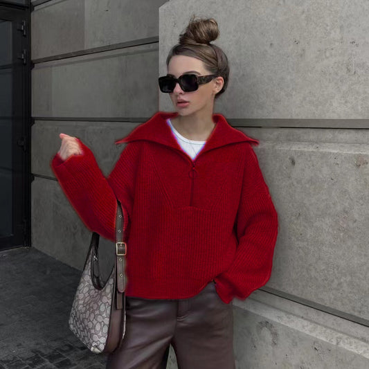 Loose Design Flip V-neck Pullover Women's Knitted Sweater