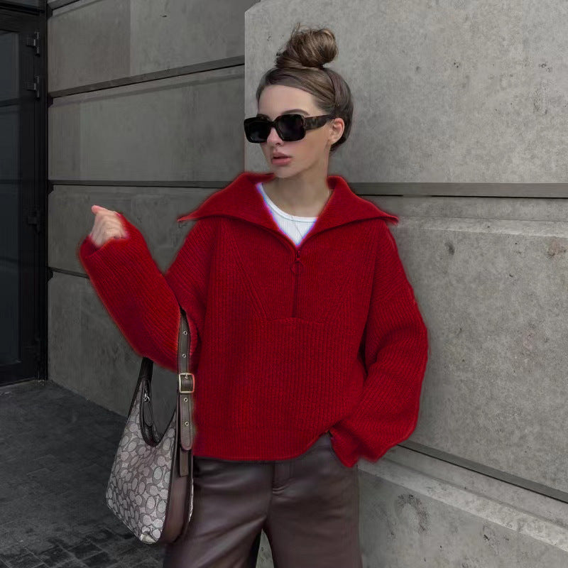 Loose Design Flip V-neck Pullover Women's Knitted Sweater