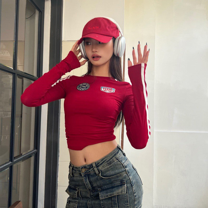 Women's Autumn Red Tight Long-sleeved T-shirt Top