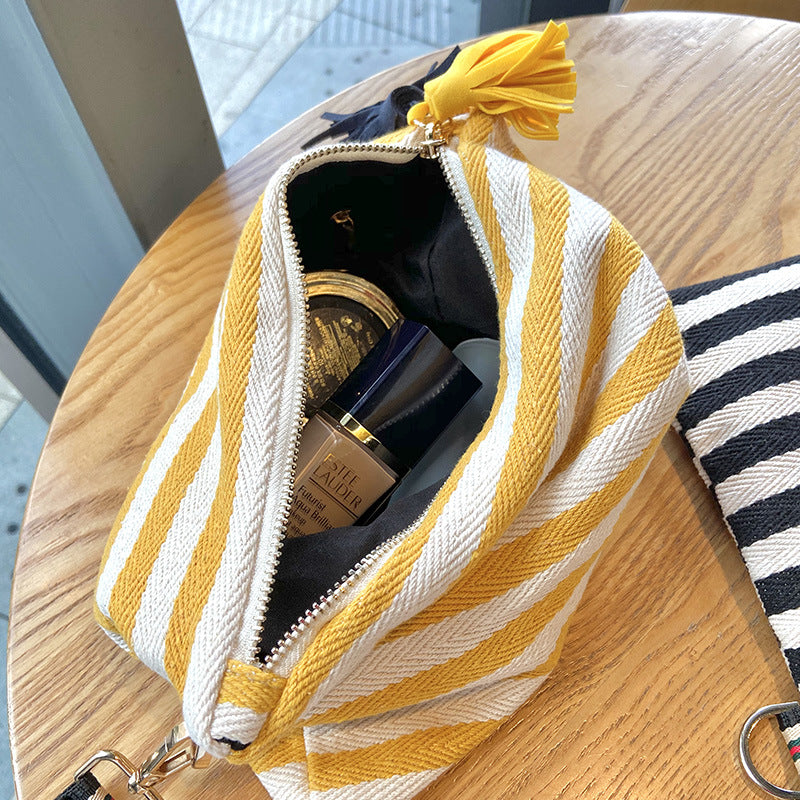 Striped Tassel Canvas Women's Hand Hold Canvas Makeup Bag