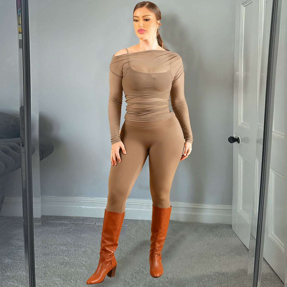 Women's Sexy Sheer Top, Spaghetti Strap Vest And High-waisted Slim Pants Three-piece Set