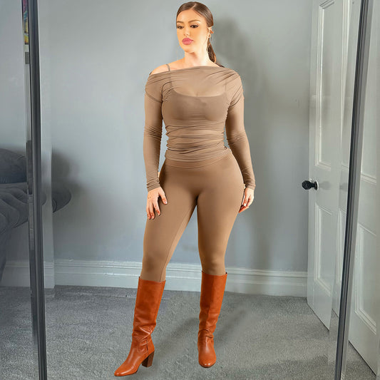 Women's Sexy Sheer Top, Spaghetti Strap Vest And High-waisted Slim Pants Three-piece Set