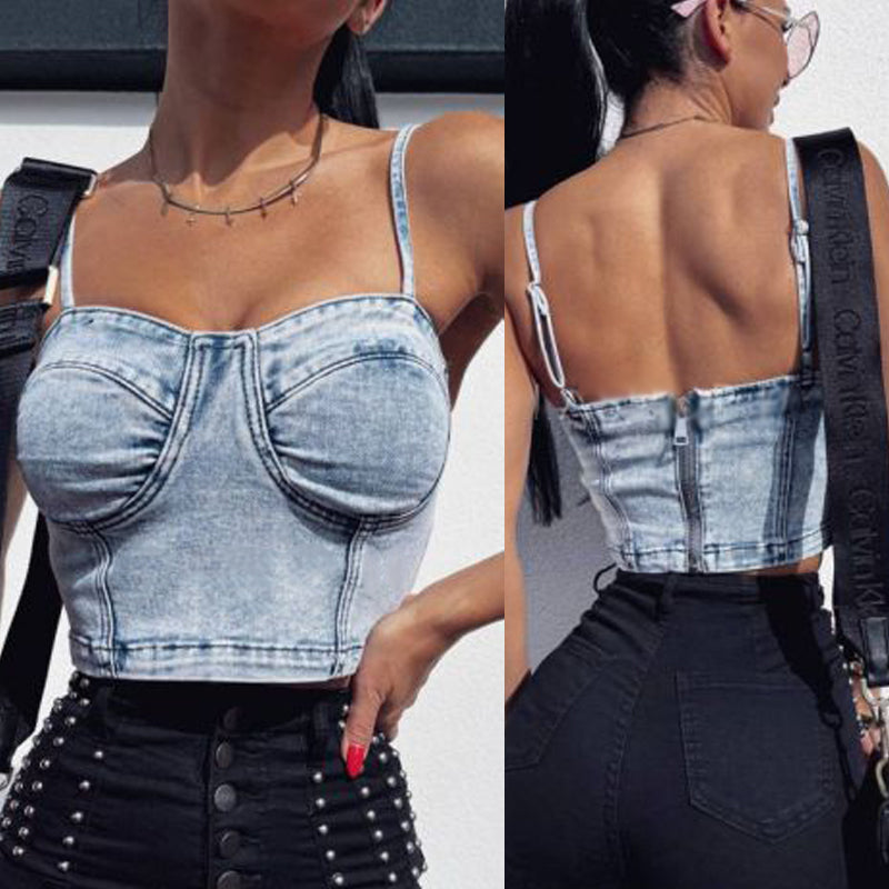 Back Zipper Denim Top Spring And Summer Sexy Suspenders