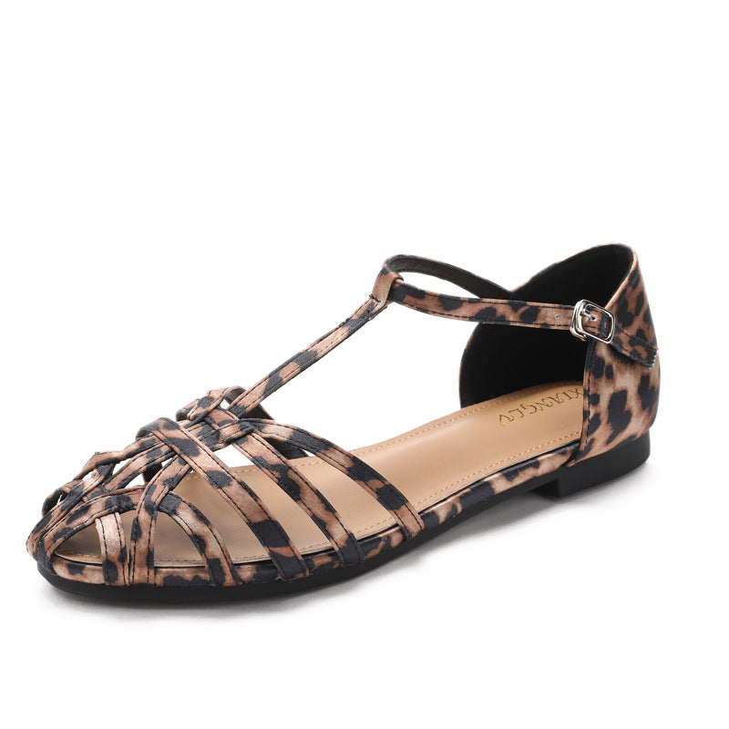 Knitted Hollow-Out Flat Closed-Toe Sandals Open-Back Breathable Strap-Clasp Fashionable Resort Roman Shoes