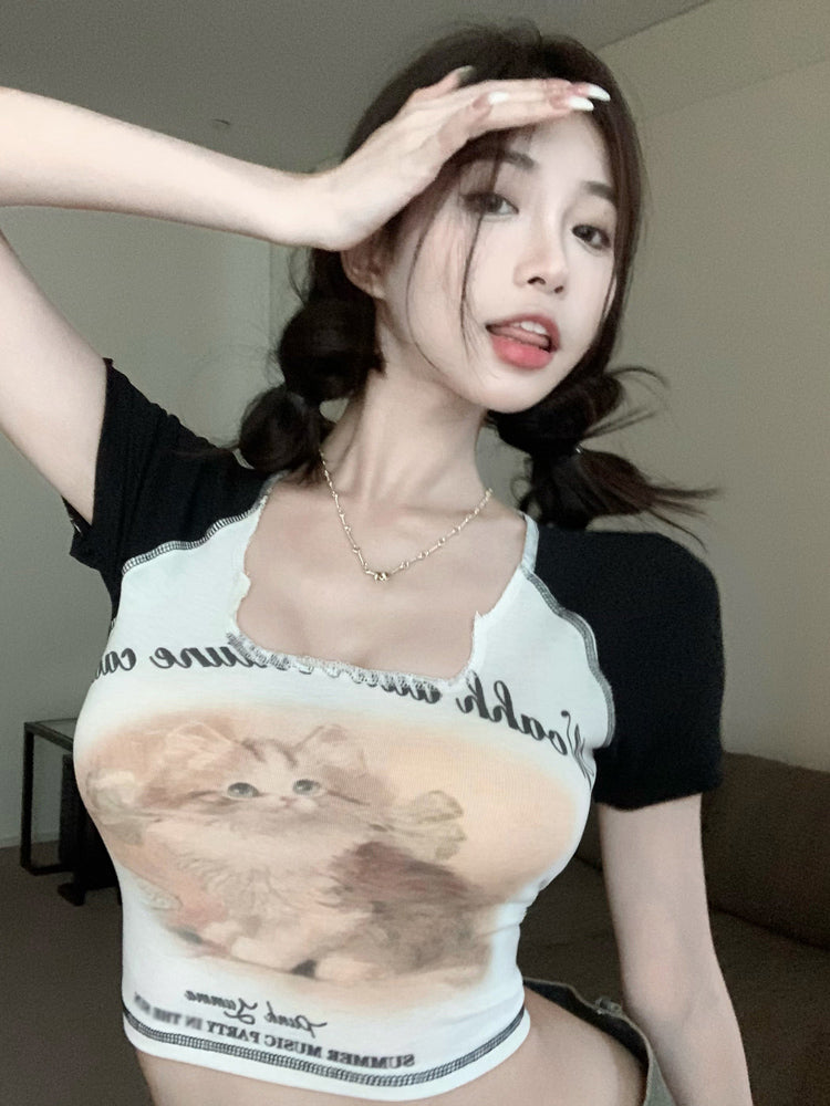 Short Printed Skinny Slim Sleeve Top