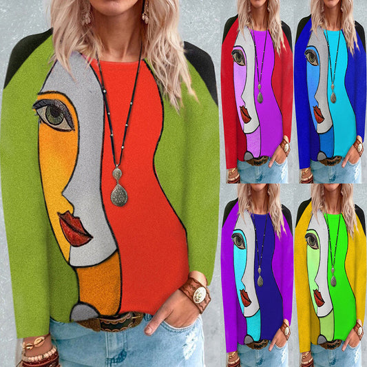 Fashion Loose Round Neck Face Print Long Sleeve Women's T-Shirt