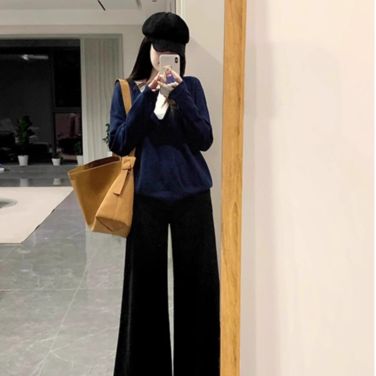 Christmas Atmosphere Contrast Colors False-two-piece V-neck Red Knitted Loose Sweater