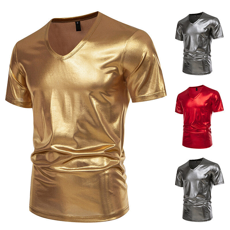 Summer Men's Glossy Bronzing T-shirt Male V-neck