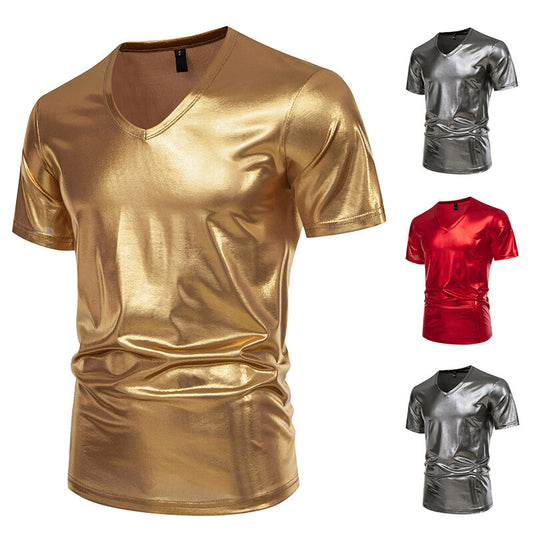 Summer Men's Glossy Bronzing T-shirt Male V-neck