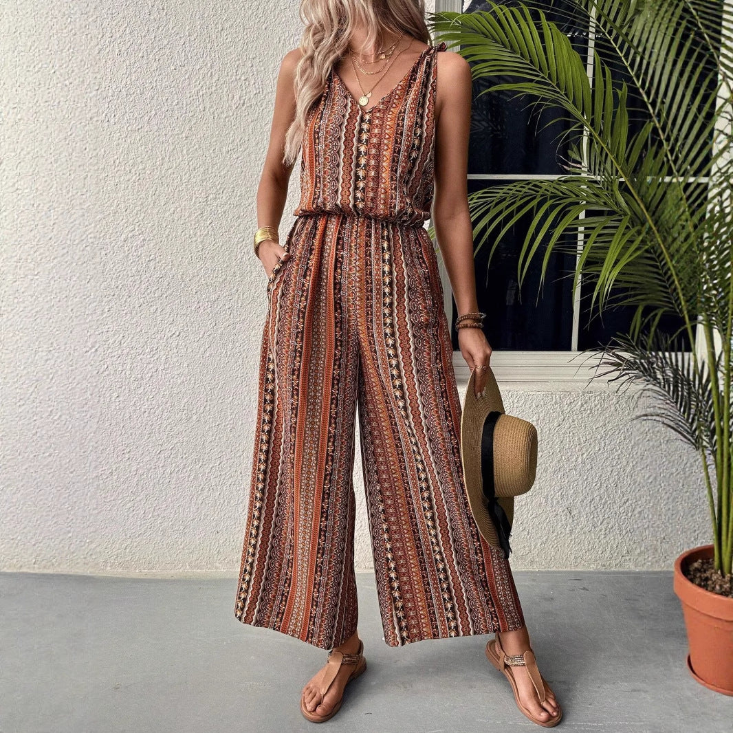 Casual Striped Printed Jumpsuit With Straps And Elastic Waist
