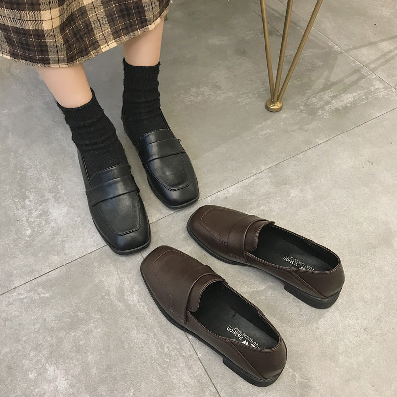 Retro Square Toe Mid-heel Soft Leather Chunky-heel Loafers
