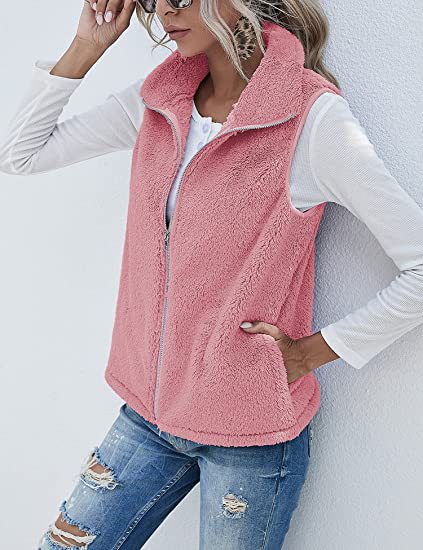 Plush Stand Collar Sleeveless Zipper Lightweight Vest