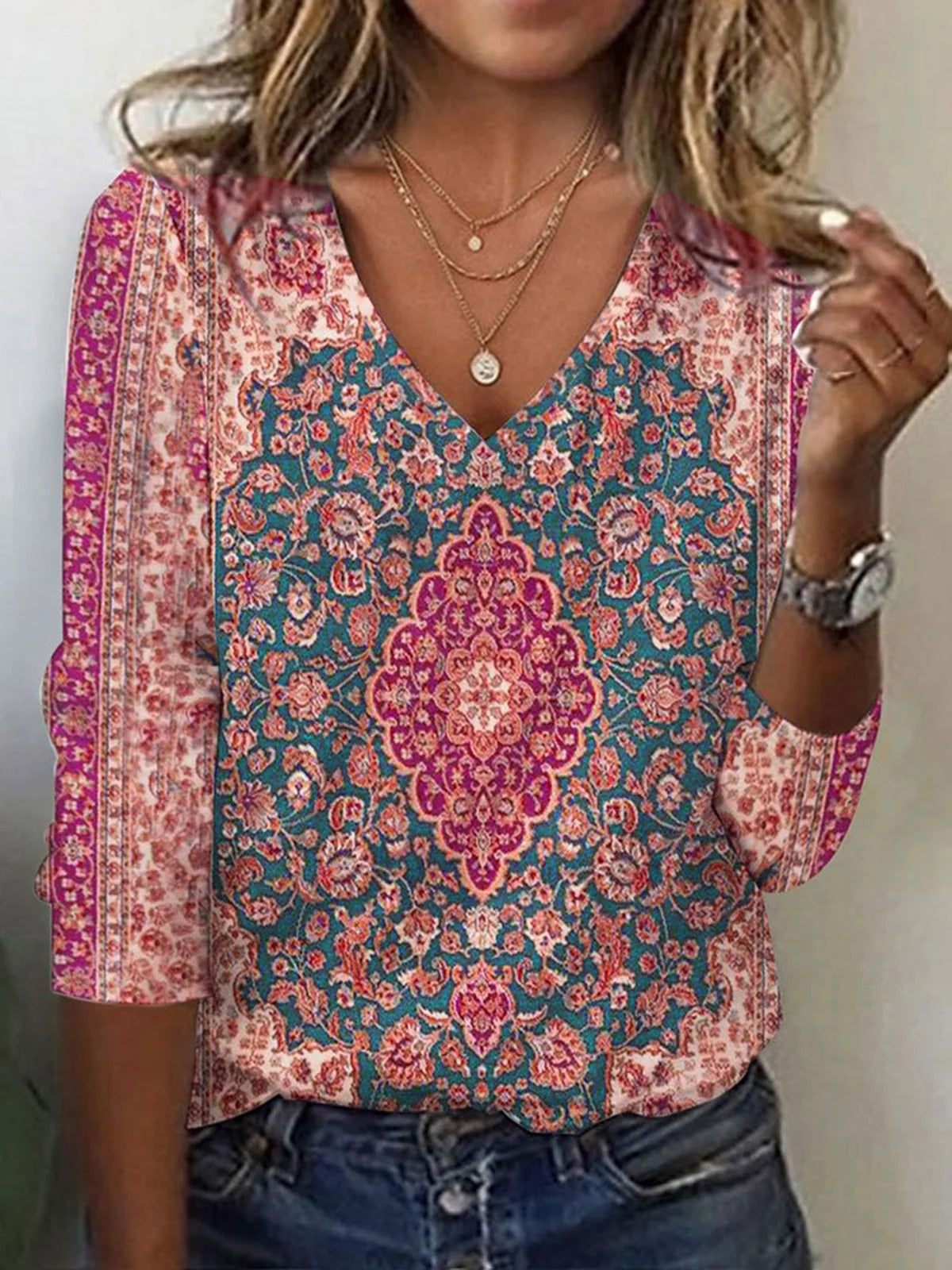 Fall Winter Fashion Printing Long-sleeve T-shirt Sexy Temperament Collar Top Slim Women's Clothing Animal And Plant Printing