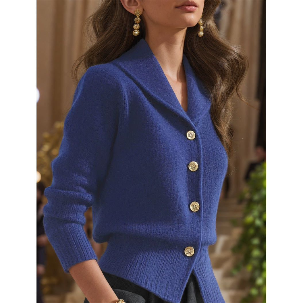 Women's Retro Lapel Solid Color Waist-tightening Knitted Sweater Coat