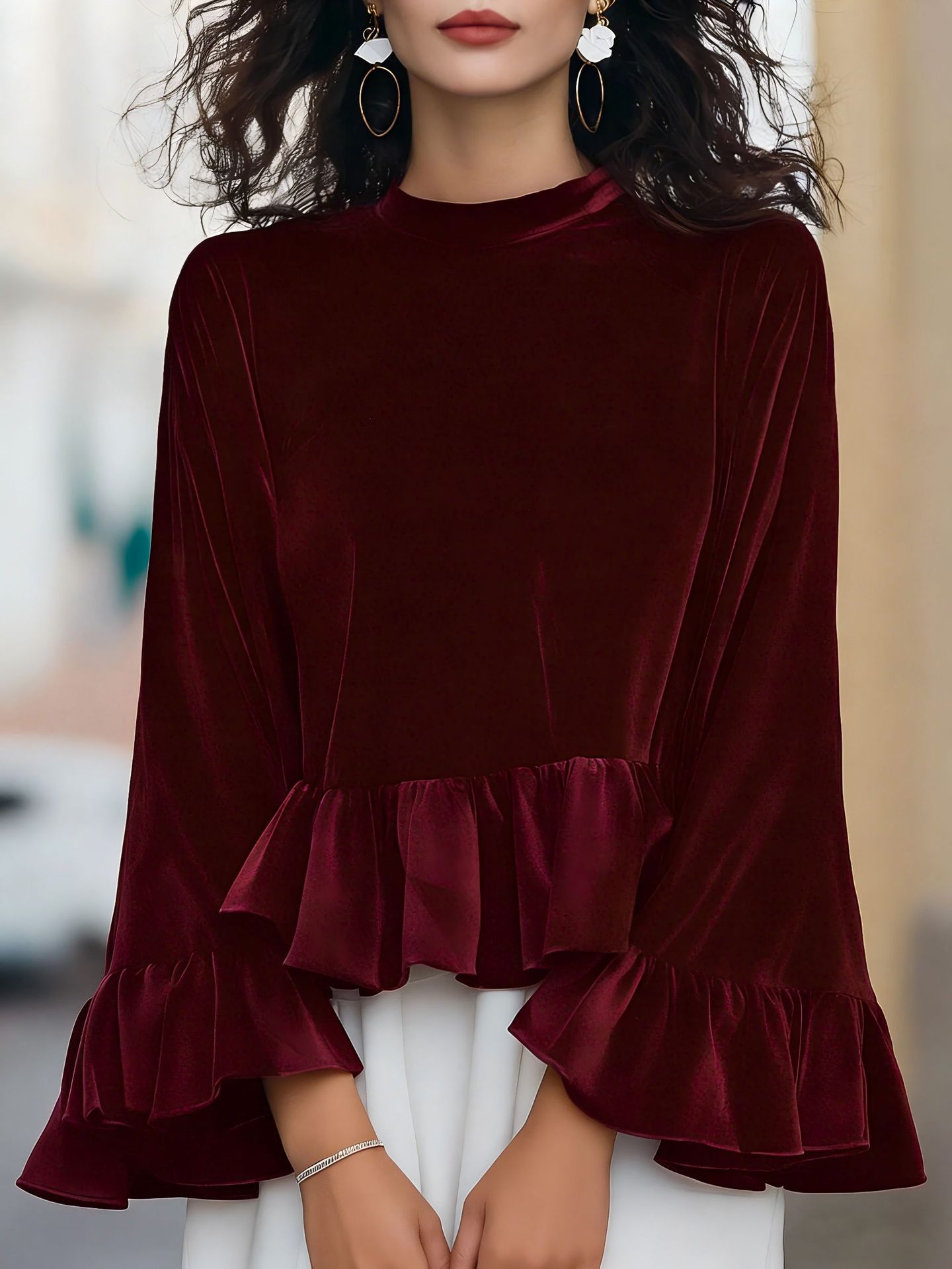 Womens Solid-Color Long-Sleeve Crew-Neck Ruffle-Trim Sweatshirt Top